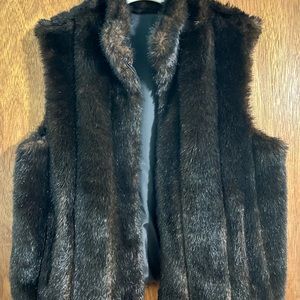 Vest, faux fur/pleather. Brown fur with black pleather, zipper front, pockets